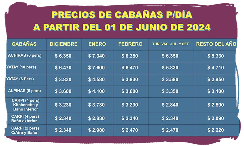 Tarifas cabañas a partir del 1° de junio de 2024
