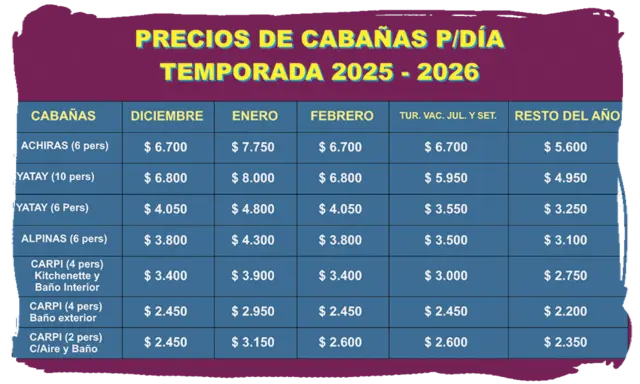 Tarifas cabañas a partir del 1° de junio de 2024